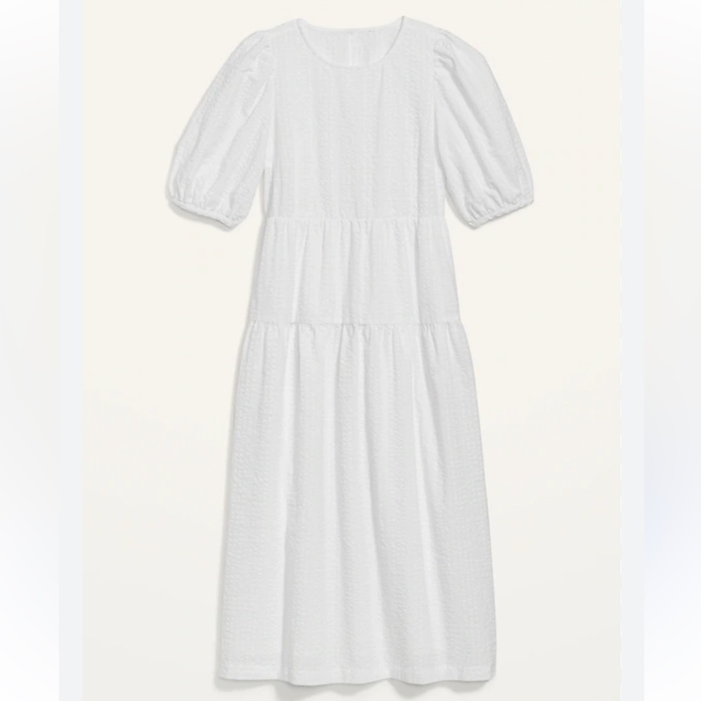 🤍Old Navy White Tiered Puff-Sleeve All-Day Midi Swing Dress XL 🤍